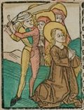 Szent Jusztina (Illusztráció a Pannonhalmán őrzött Legenda Aurea Sanctorum című ősnyomtatvány 1482-es augsburgi kiadásából)